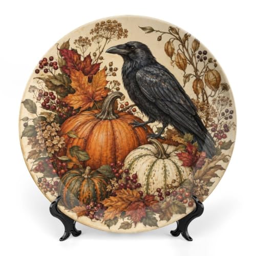 Halloween Decorative Plates Autumn Crow & Pumpkin 8 Inch - Bone China Wall & Table Decor