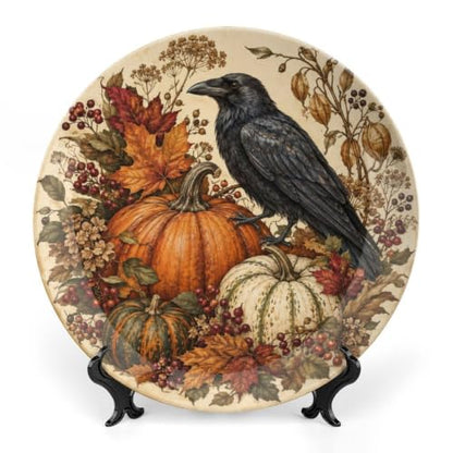 Halloween Decorative Plates Autumn Crow & Pumpkin 8 Inch - Bone China Wall & Table Decor