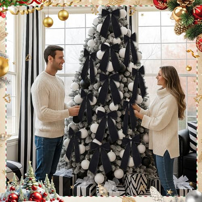 Black Velvet Christmas Bow Set - 24 Large Holiday Tree Decorations (Variation of THIS listing: Black / 24)