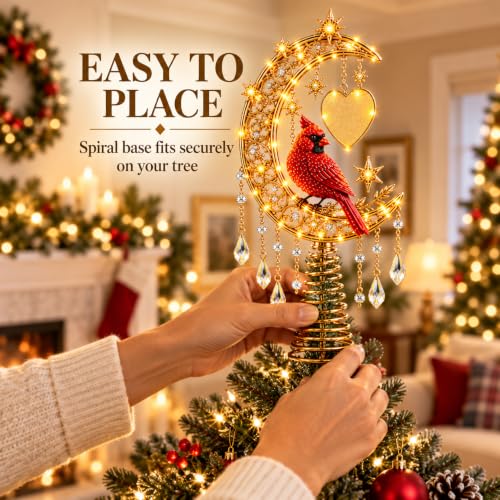Lighted Angel Christmas Tree Topper - Cardinal Design with Warm Glow & Snowflakes