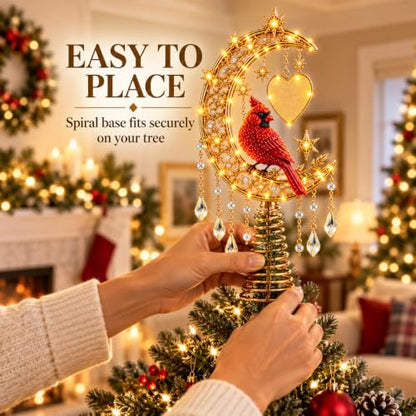 Lighted Angel Christmas Tree Topper - Cardinal Design with Warm Glow & Snowflakes