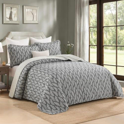 Homzard Queen Size Cotton Quilt Set with Fern Leaf Botanical Design - Gray, 10gray/White
