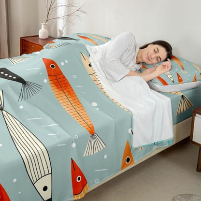Grey-Blue Queen Size Fish Sheets Set - Colorful Nautical Bedding for Kids & Adults