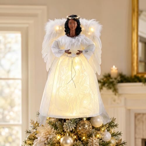 Black Angel Christmas Tree Topper with White Wings - Elegant 12.2 Inch Decor - White / Elegant