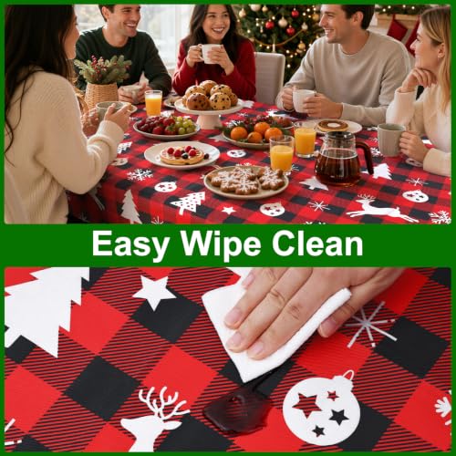 Christmas Table Cloth - Red & Black Round Flannel Backed Vinyl 60 Inch