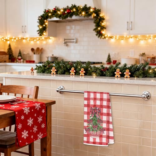 Chinoiserie Christmas Kitchen Towels - Red Buffalo Plaid Bow Holiday Dish Hand Towel, 16x24 Inches, Seasonal Home Decor