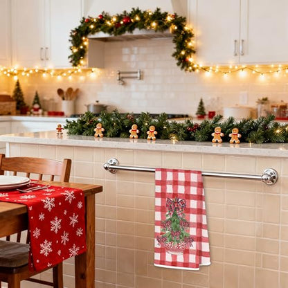 Chinoiserie Christmas Kitchen Towels - Red Buffalo Plaid Bow Holiday Dish Hand Towel, 16x24 Inches, Seasonal Home Decor