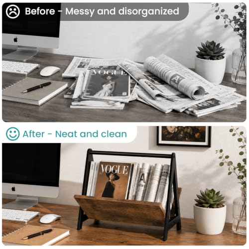 Wood Magazine Holder Floor Rack with Tilted Display and Anti-Slip Base