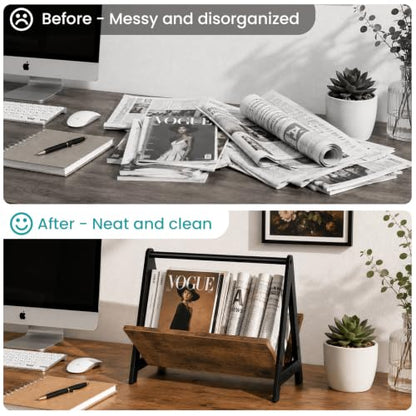Wood Magazine Holder Floor Rack with Tilted Display and Anti-Slip Base