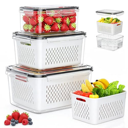 Clear Fruit Storage Containers for Fridge - 3 Pack with Airtight Seal