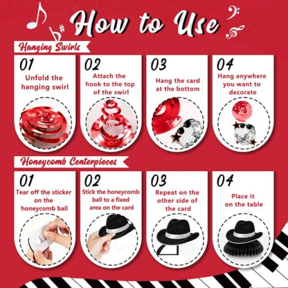 Retro Disco Party Decorations Set Black Red - Music Legend Birthday Supplies with Banner Honeycomb Centerpieces & Hanging Swirls