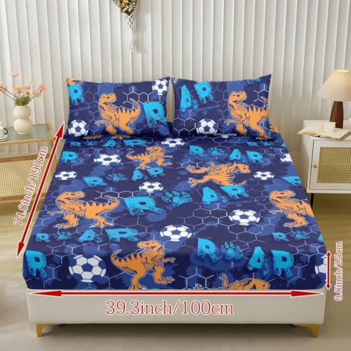 Soccer Dinosaurs Twin XL Bed Sheet Set for Kids Room Decor - 3 Piece Deep Pocket Bedding