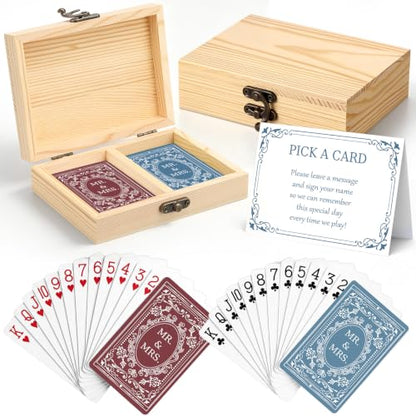 Wedding Guest Book Playing Cards Set with Wooden Box - 108 Blue & Red Variations