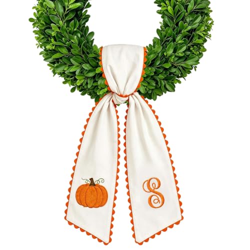 Fall Wreath Sash with Embroidered Pumpkins and Initials - Orange Scalloped Trim - Indoor Outdoor Decor - Variation S