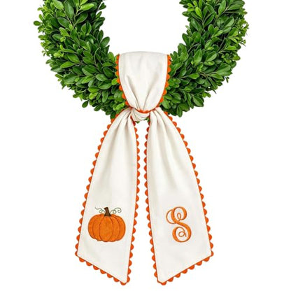 Fall Wreath Sash with Embroidered Pumpkins and Initials - Orange Scalloped Trim - Indoor Outdoor Decor - Variation S