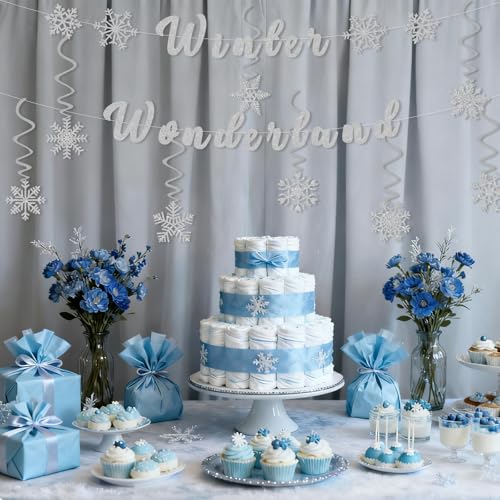 Winter Wonderland Party Banner & Snowflake Decorations Set