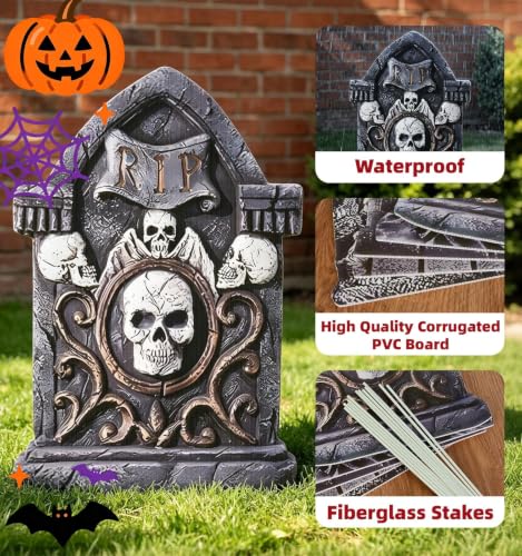 Halloween Tombstones Outdoor Graveyard Decorations 25.6 Inch 5-Pack - Creepy Spooky Yard Decor with Weatherproof Plastic Stakes
