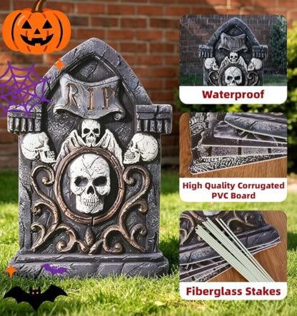 Halloween Tombstones Outdoor Graveyard Decorations 25.6 Inch 5-Pack - Creepy Spooky Yard Decor with Weatherproof Plastic Stakes