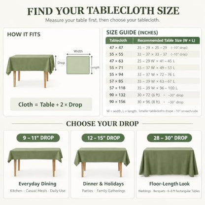 Waterproof Rectangle Table Cloth - Faux Linen, 156 x 91 Inches, Olive