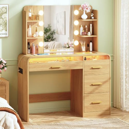 Vanity Desk with Mirror & Lights - 4 Drawers, Glass Top, RGB LEDs, Charging Station (Natural Oak) - 1 Set