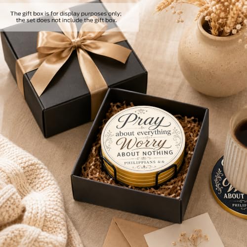 Christian Pray Cork Coasters Set of 6 with Holder - Faith-Based Bible Verse Decor