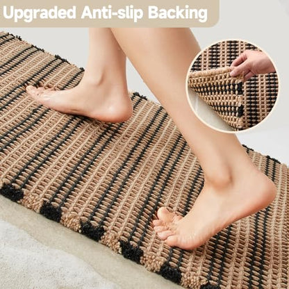 TYUU Waffle Bath Mat, Boho Bathroom Rugs Non Slip Washable Super Absorbent Quick Dry Bath Mat Farmhouse Bathroom Decor, 24"x16" Khaki and White