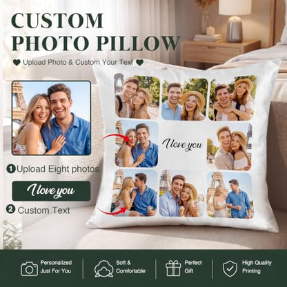 Personalized Photo Pillow with Custom Text - 8x8, 20x20, 24x24 & 12x20 Sizes - Faux Silk, Linen or Ultra-Soft Fabric - USA Made - Variation 8-1