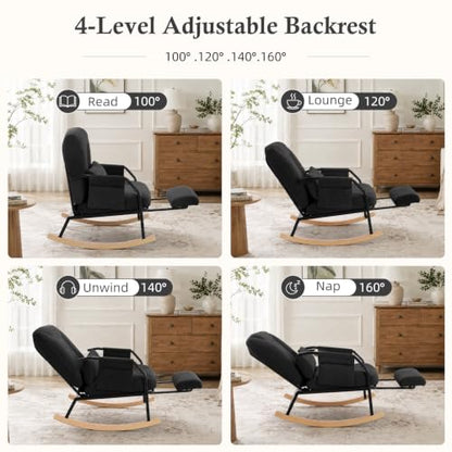 Oversized Nursery Rocking Chair with Reclining Backrest & Footrest - Black Variation