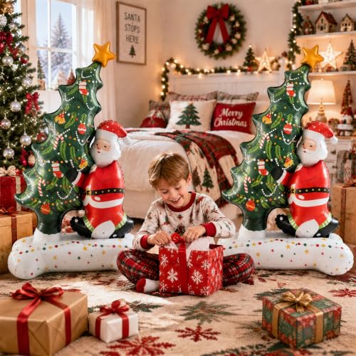 2PCS Santa with Christmas Tree Foil Balloons - Giant Holiday Party Decor