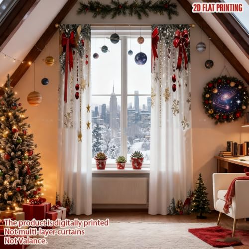 Christmas Window Curtains Set - Red Bows Snowflakes Pine Branches 75x166cm Variation of THIS listing