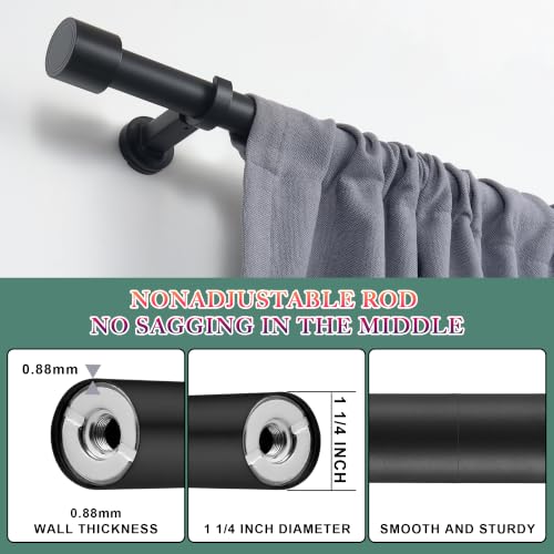 Heavy Duty 48 Inch Curtain Rod Set - Black with Solid Aluminum Finials & Brackets