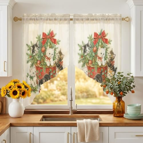 Green Beige Christmas Swag Curtains 2 Panels Set 45 Inch Length Window Valance