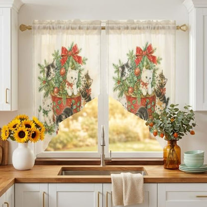 Green Beige Christmas Swag Curtains 2 Panels Set 45 Inch Length Window Valance