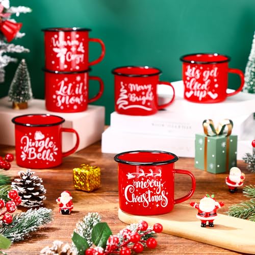 Christmas Enamel Coffee Mug Set of 6 - Let It Snow Red Holiday Cups