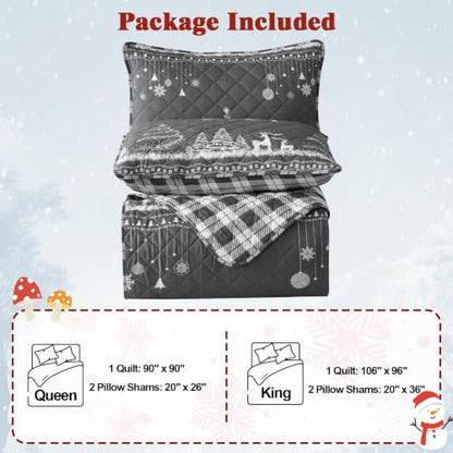 Grey Christmas King Quilt Set with Pillow Shams - Snowflake Elk Tree 96x106