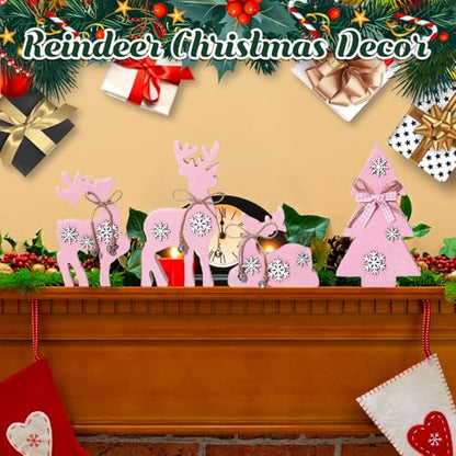 Pink Christmas Reindeer & Tree Wooden Tabletop Decorations - Set of 4
