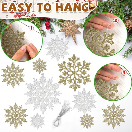 White Gold 36pcs Snowflake Ornaments Set - 4 Sizes, Glitter Plastic Christmas Decorations