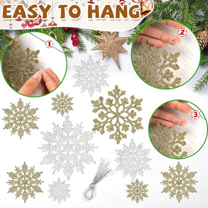 White Gold 36pcs Snowflake Ornaments Set - 4 Sizes, Glitter Plastic Christmas Decorations