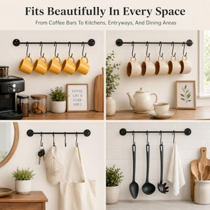 Wall Mounted Coffee Mug Holder Rack with 5 Hooks - Black Metal Kitchen Organizer - Variation 1