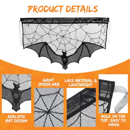 Halloween Black Lace Bat Window Curtains - Spiderweb Design, 2 Pack - Variation of Black-Bat/2