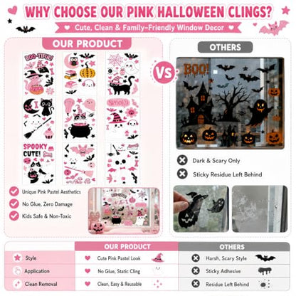 Pink Halloween Window Clings Set - 115 Reusable Spooky Decals for Glass