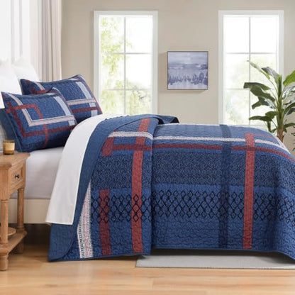 WONGS BEDDING Navy Blue Quilt Set Queen Size 3 Pieces Boho Stripe Bedspread