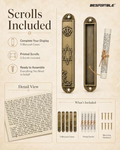 5-Pack Antique Brass Metal Mezuzah Cases with Scrolls - Jewish Door Decor