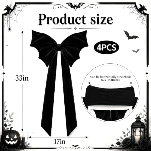 Black Velvet Chair Bow Sashes - Halloween Decor, 4 Pcs - Bat Wing Design