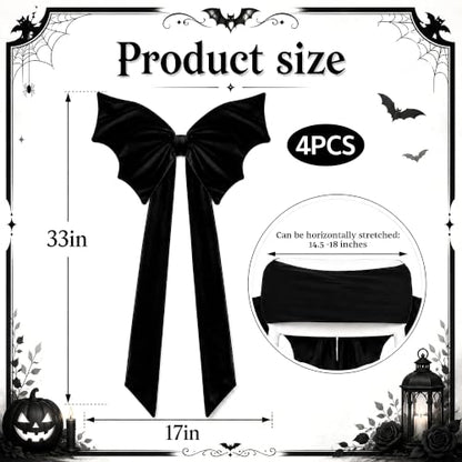Black Velvet Chair Bow Sashes - Halloween Decor, 4 Pcs - Bat Wing Design