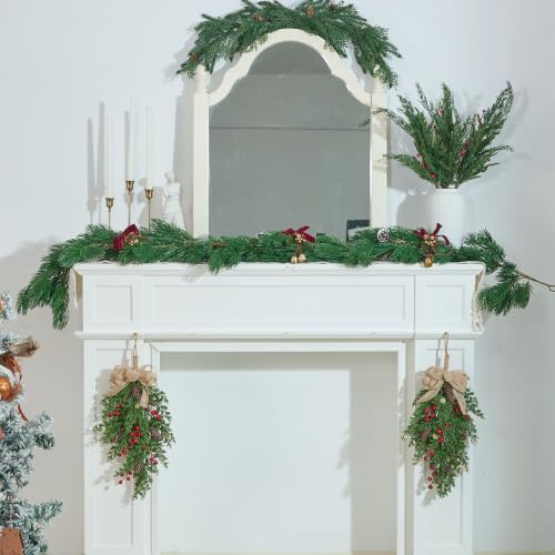 Red 18-Inch Christmas Cedar Swag with Berries Pinecones & Bow - Set of 2