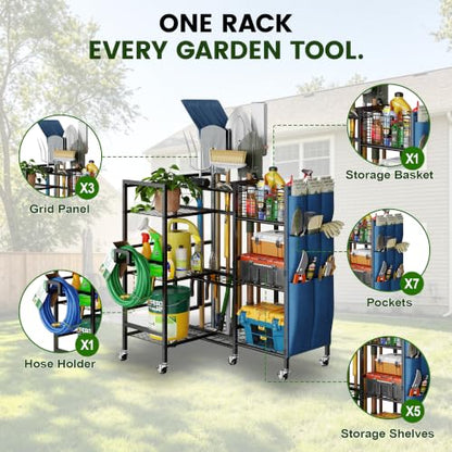 3-Sided Garden Tool Organizer with Wheels and Storage Shelves