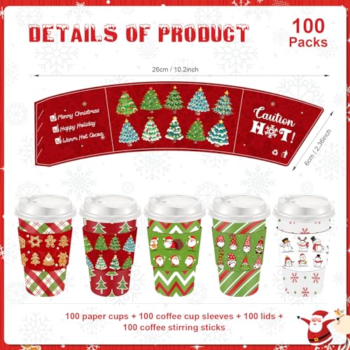 Christmas Paper Cups with Lids & Sleeves 16 oz - Red & Green Stripe, 100 Sets