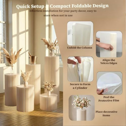 Wedding Pedestal Stand Set with Acrylic Tops - 5 Graduated Heights, Heavy-Duty Columns