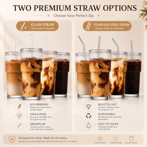 4 Pack 20oz Ribbed Glass Iced Coffee Cups with Lids & Straws - Clear